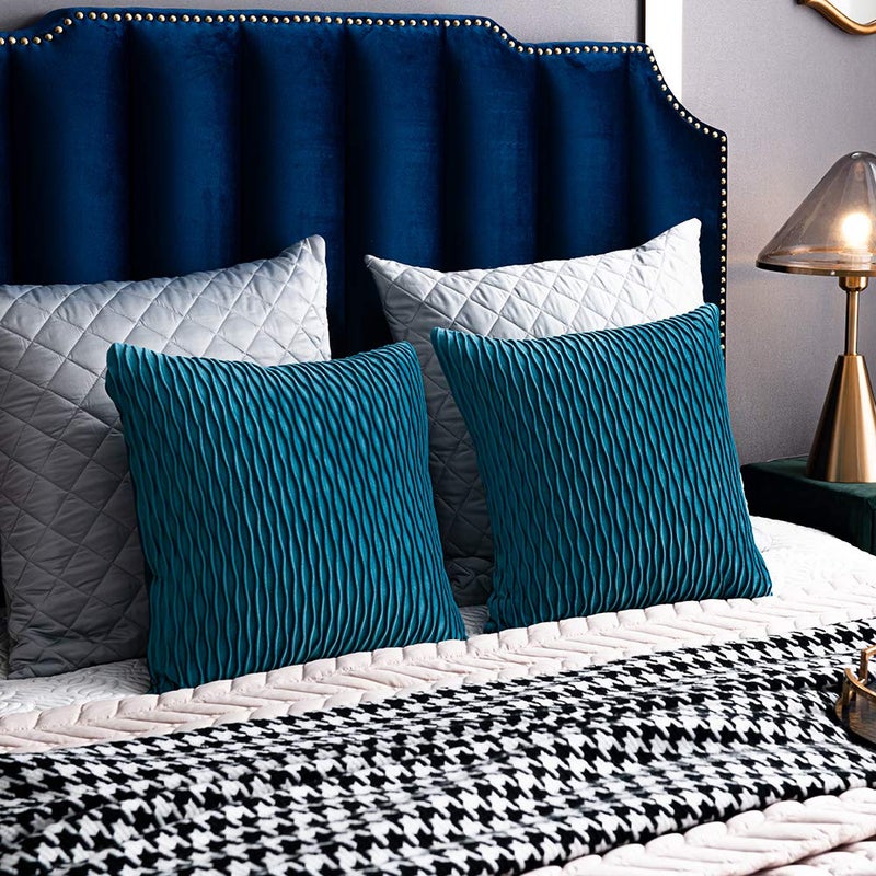DEZENE Turquoise Throw Pillow Cases 20x20: 2 Pack Inch Original Striped Velvet Square Decorative Pillow Covers for Farmhouse Couch - Image 4